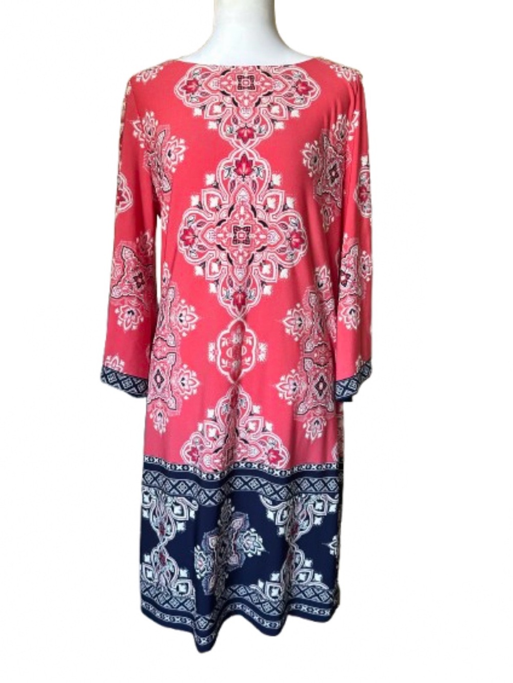 SANDRA DARREN Medallion Paisley 3/4 Sleeve Shift Dress In Coral Navy Size Medium
